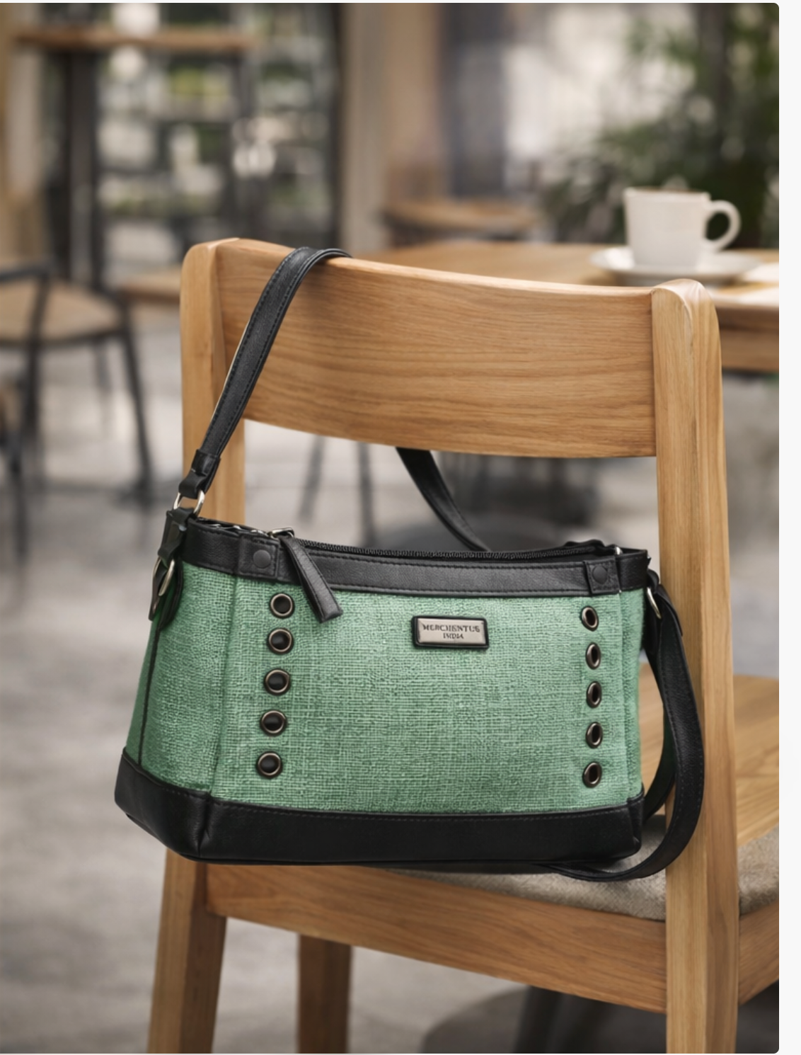 MERCHENTUS INDIA Green Rider Chocolate Ladies Bag | Green Dyed Jute & Faux Leather Sling Bag