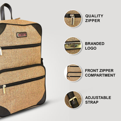 MERCHENTUS INDIA Eco-Chic Jute & Leather Blend Backpack | Sustainable Everyday Backpack for Office, Travel & College