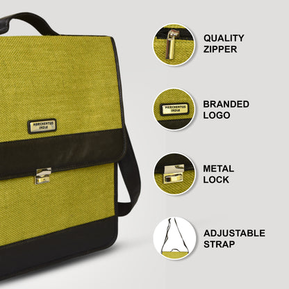 MERCHENTUS INDIA Green Elite Conference Bag | Premium Jute & Faux Leather Unisex Office & Laptop Bag