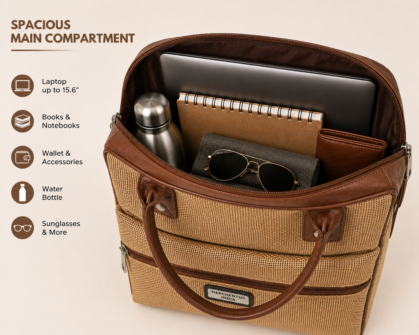 MERCHENTUS INDIA London Bag – Premium Jute & Leather Blend Multi-Purpose Travel & Office Bag