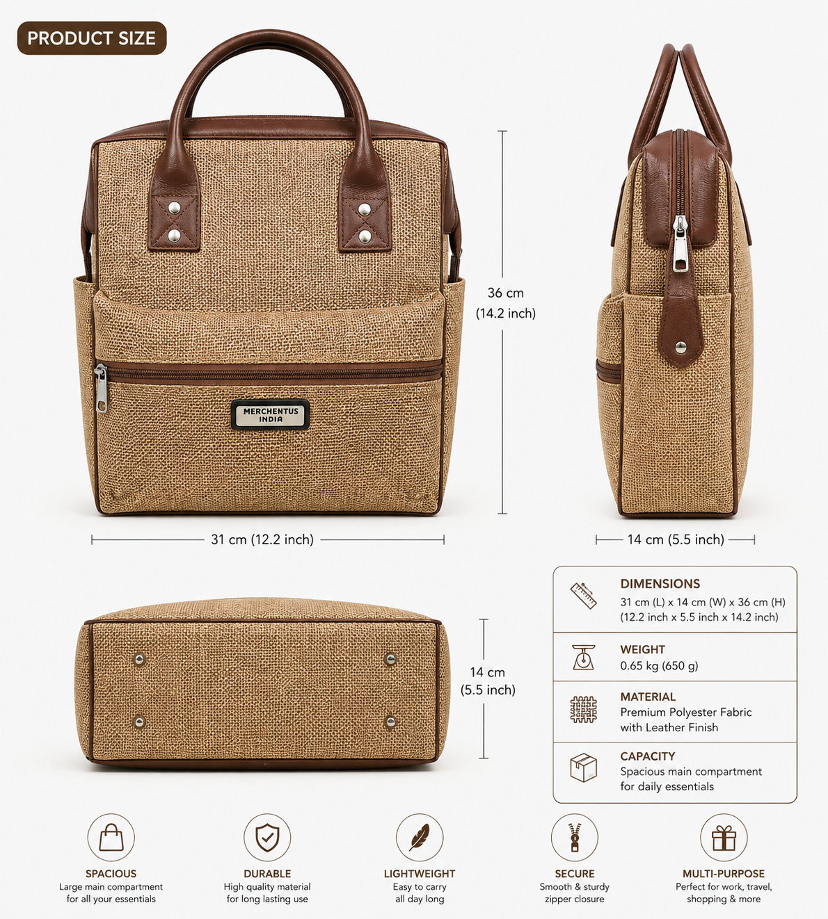 MERCHENTUS INDIA London Bag – Premium Jute & Leather Blend Multi-Purpose Travel & Office Bag