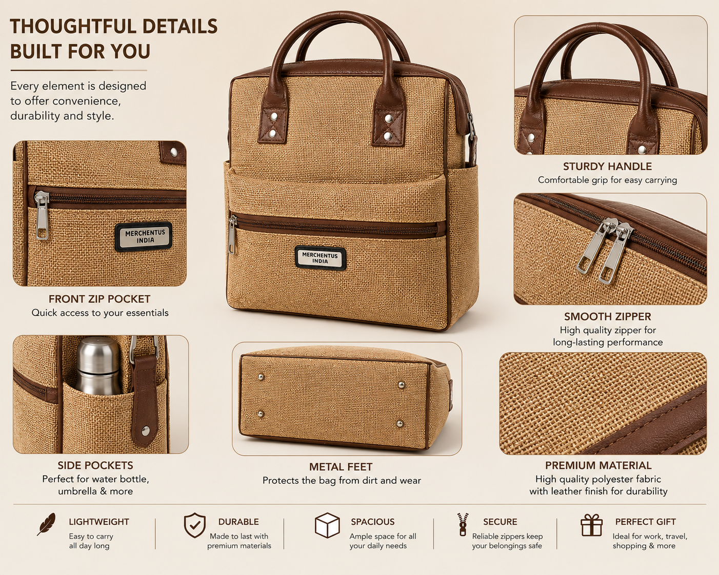 MERCHENTUS INDIA London Bag – Premium Jute & Leather Blend Multi-Purpose Travel & Office Bag