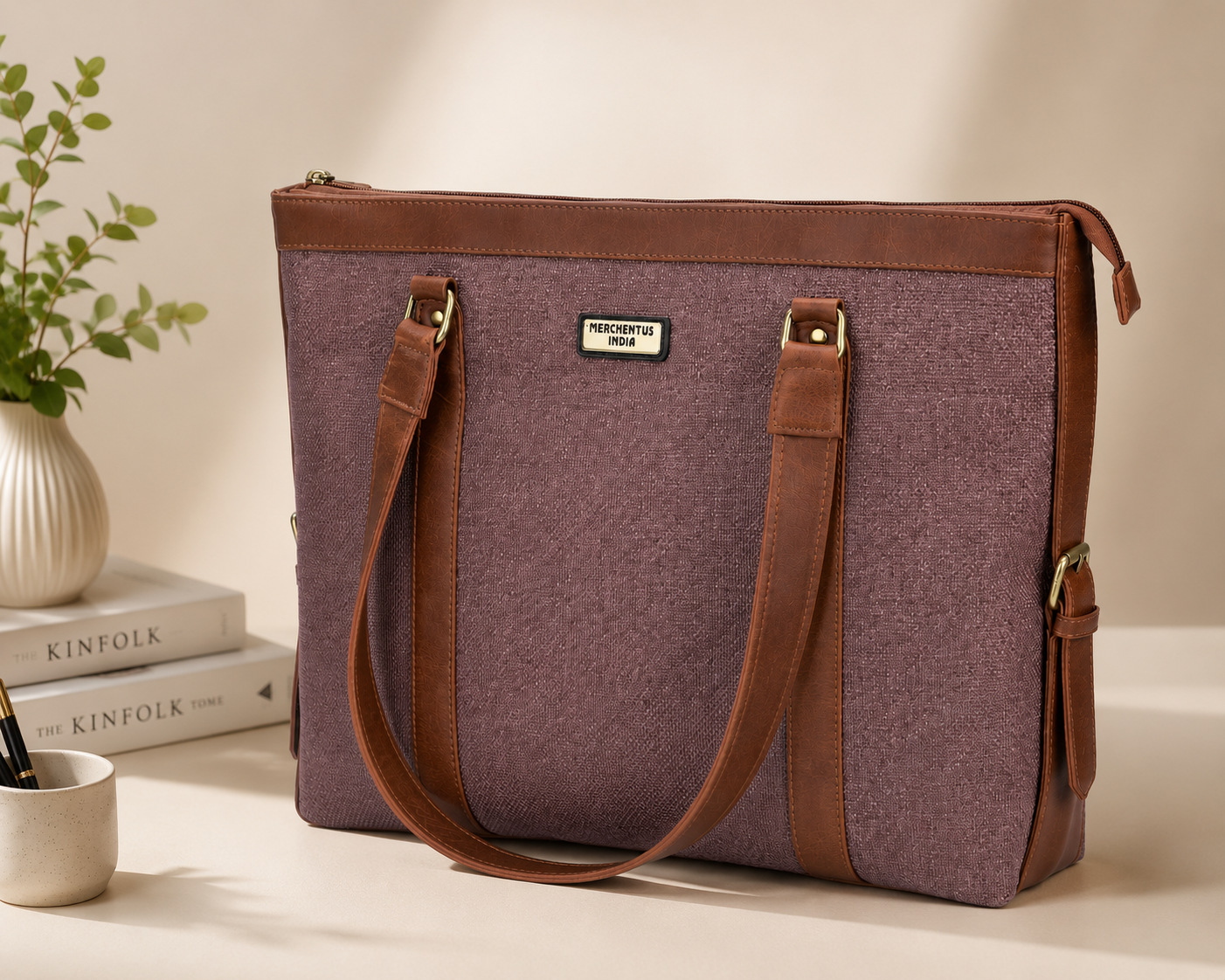 MERCHENTUS INDIA Premium Dyechem Jute & Leather Blend Tote Bag | Large Office, Laptop & Travel Handbag for Women