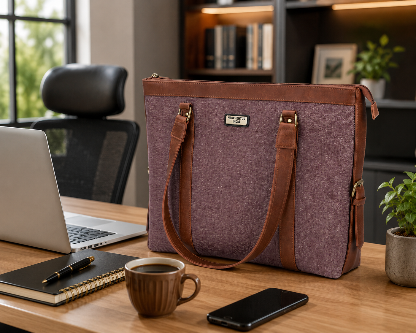 MERCHENTUS INDIA Premium Dyechem Jute & Leather Blend Tote Bag | Large Office, Laptop & Travel Handbag for Women