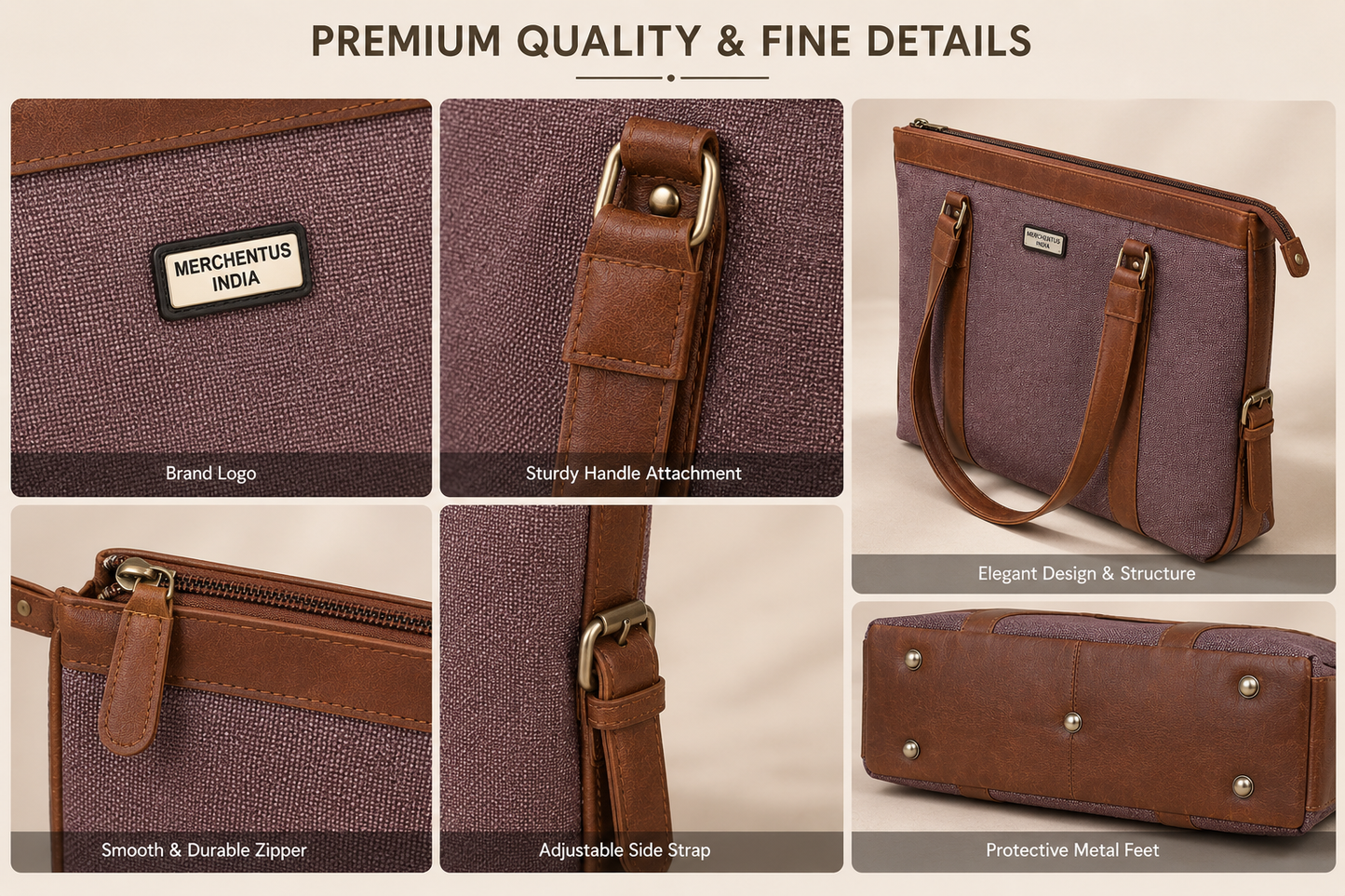 MERCHENTUS INDIA Premium Dyechem Jute & Leather Blend Tote Bag | Large Office, Laptop & Travel Handbag for Women