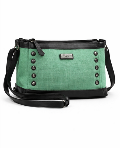 MERCHENTUS INDIA Green Rider Chocolate Ladies Bag | Green Dyed Jute & Faux Leather Sling Bag