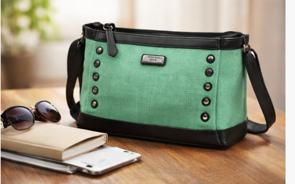 MERCHENTUS INDIA Green Rider Chocolate Ladies Bag | Green Dyed Jute & Faux Leather Sling Bag