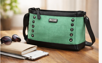 MERCHENTUS INDIA Green Rider Chocolate Ladies Bag | Green Dyed Jute & Faux Leather Sling Bag