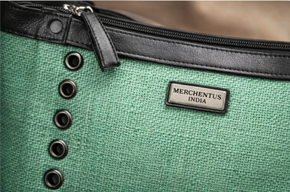 MERCHENTUS INDIA Green Rider Chocolate Ladies Bag | Green Dyed Jute & Faux Leather Sling Bag