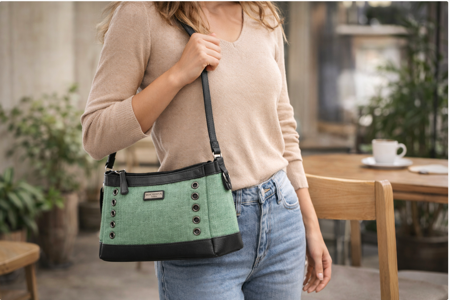 MERCHENTUS INDIA Green Rider Chocolate Ladies Bag | Green Dyed Jute & Faux Leather Sling Bag
