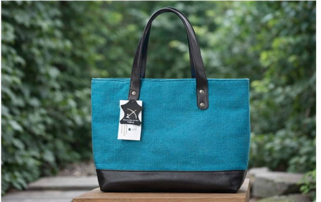 Sky-Blue Joy Ladies Bag | Eco-Friendly Dyed Jute & Faux Leather Tote for Office & Daily Use