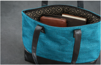 Sky-Blue Joy Ladies Bag | Eco-Friendly Dyed Jute & Faux Leather Tote for Office & Daily Use