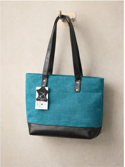 Sky-Blue Joy Ladies Bag | Eco-Friendly Dyed Jute & Faux Leather Tote for Office & Daily Use