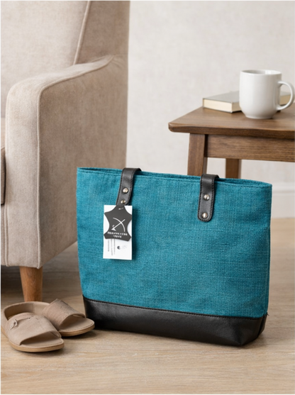 Sky-Blue Joy Ladies Bag | Eco-Friendly Dyed Jute & Faux Leather Tote for Office & Daily Use